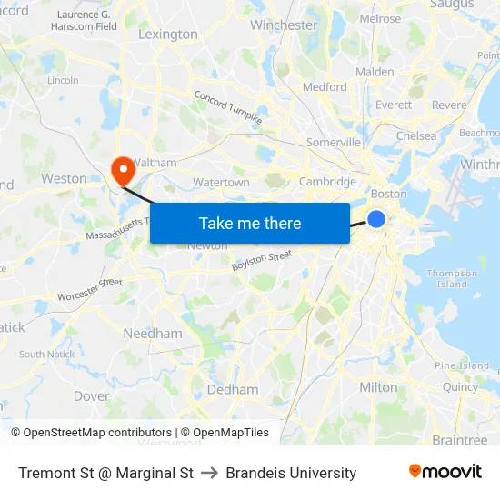 Tremont St @ Marginal St to Brandeis University map