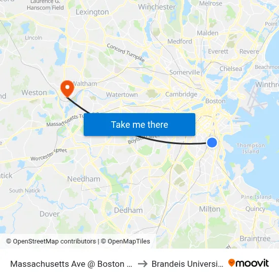 Massachusetts Ave @ Boston St to Brandeis University map
