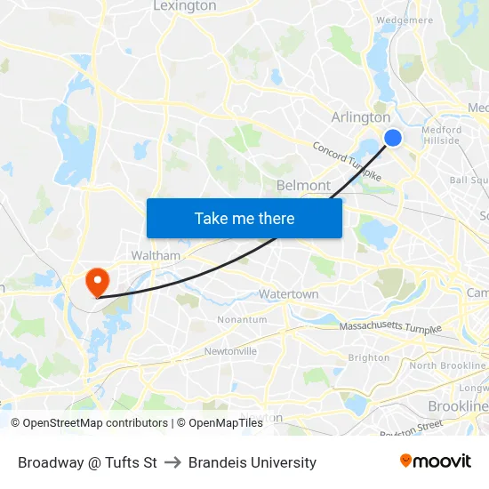 Broadway @ Tufts St to Brandeis University map