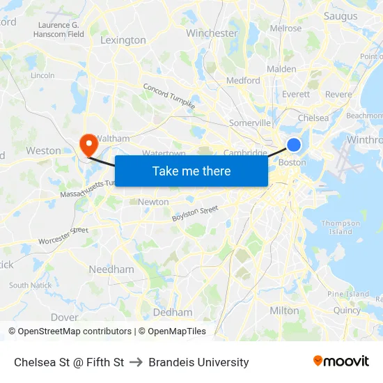 Chelsea St @ Fifth St to Brandeis University map