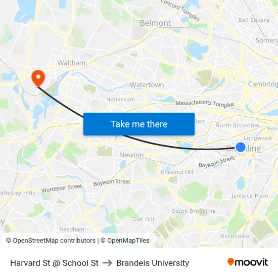 Harvard St @ School St to Brandeis University map