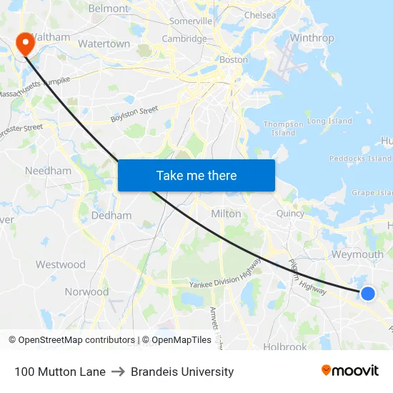 100 Mutton Lane to Brandeis University map