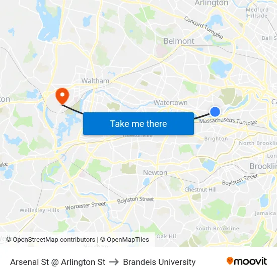 Arsenal St @ Arlington St to Brandeis University map