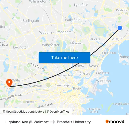 Highland Ave @ Walmart to Brandeis University map