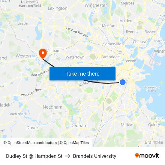 Dudley St @ Hampden St to Brandeis University map