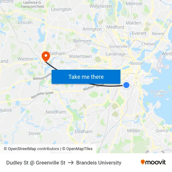 Dudley St @ Greenville St to Brandeis University map