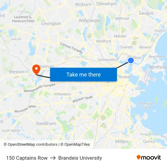 150 Captains Row to Brandeis University map