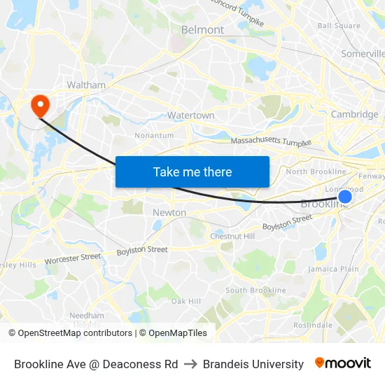 Brookline Ave @ Deaconess Rd to Brandeis University map
