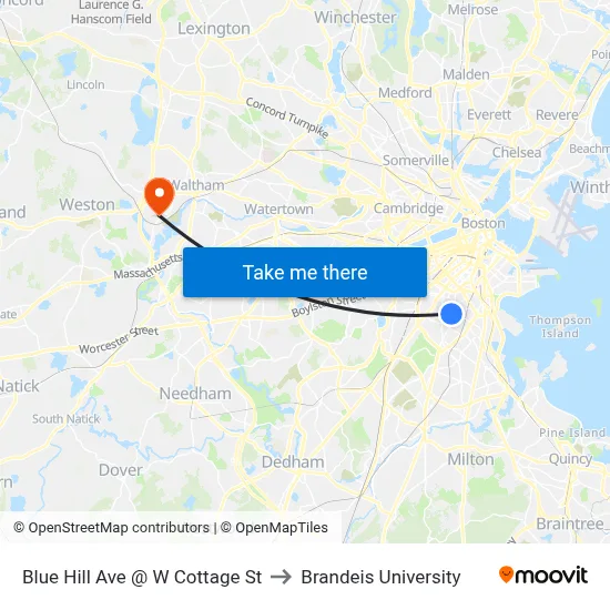 Blue Hill Ave @ W Cottage St to Brandeis University map