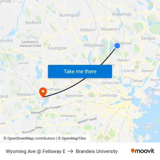 Wyoming Ave @ Fellsway E to Brandeis University map