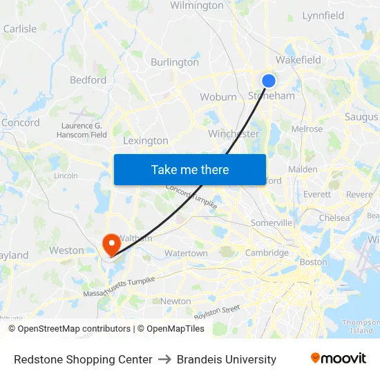 Redstone Shopping Center to Brandeis University map