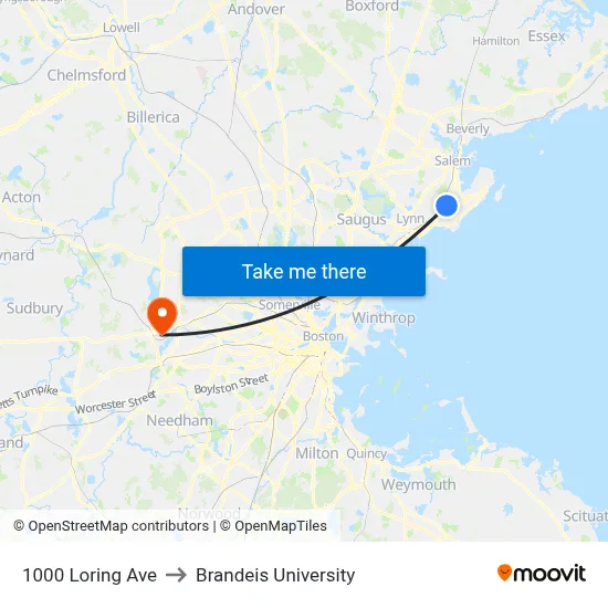 1000 Loring Ave to Brandeis University map