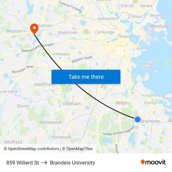 859 Willard St to Brandeis University map
