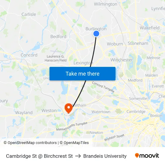 Cambridge St @ Birchcrest St to Brandeis University map