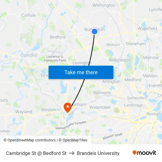 Cambridge St @ Bedford St to Brandeis University map