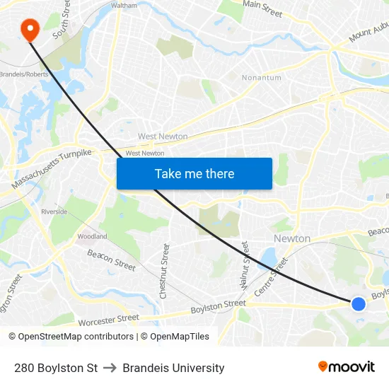 280 Boylston St to Brandeis University map