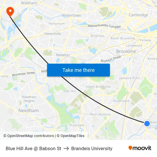Blue Hill Ave @ Babson St to Brandeis University map