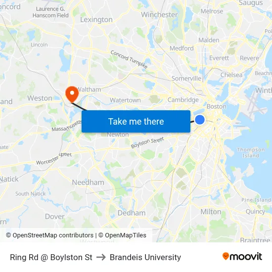 Ring Rd @ Boylston St to Brandeis University map