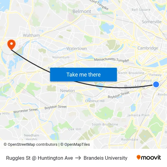 Ruggles St @ Huntington Ave to Brandeis University map