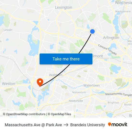 Massachusetts Ave @ Park Ave to Brandeis University map