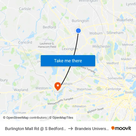 Burlington Mall Rd @ S Bedford St to Brandeis University map