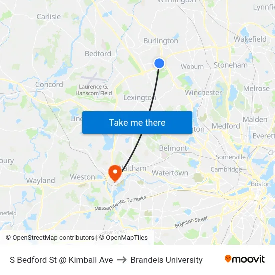 S Bedford St @ Kimball Ave to Brandeis University map