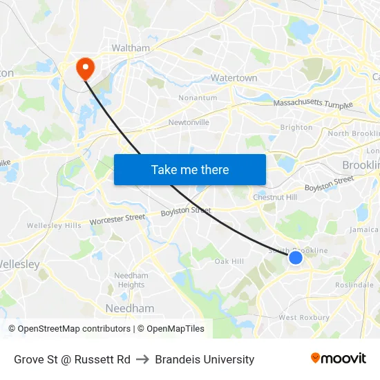 Grove St @ Russett Rd to Brandeis University map