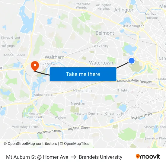 Mt Auburn St @ Homer Ave to Brandeis University map