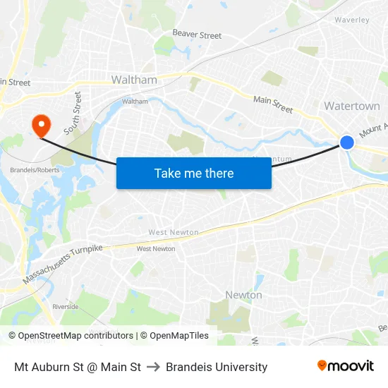 Mt Auburn St @ Main St to Brandeis University map