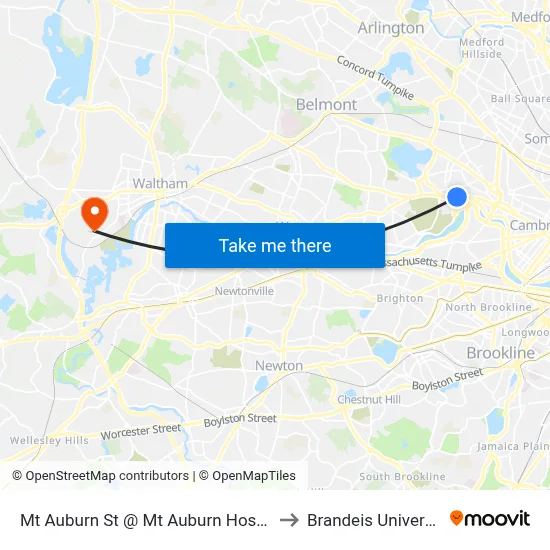 Mt Auburn St @ Mt Auburn Hospital to Brandeis University map