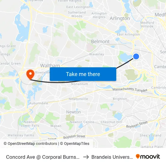 Concord Ave @ Corporal Burns Rd to Brandeis University map