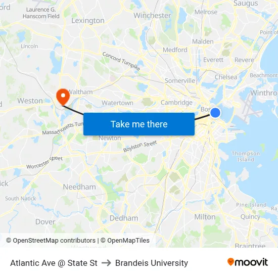 Atlantic Ave @ State St to Brandeis University map