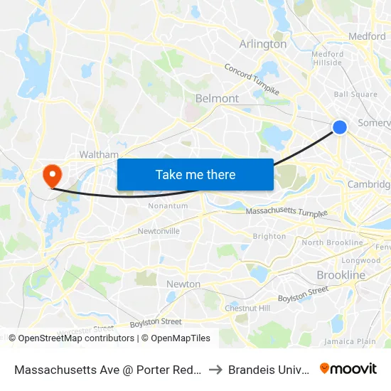 Massachusetts Ave @ Porter Red Line Sta to Brandeis University map