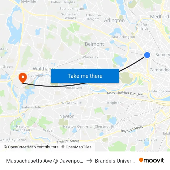 Massachusetts Ave @ Davenport St to Brandeis University map