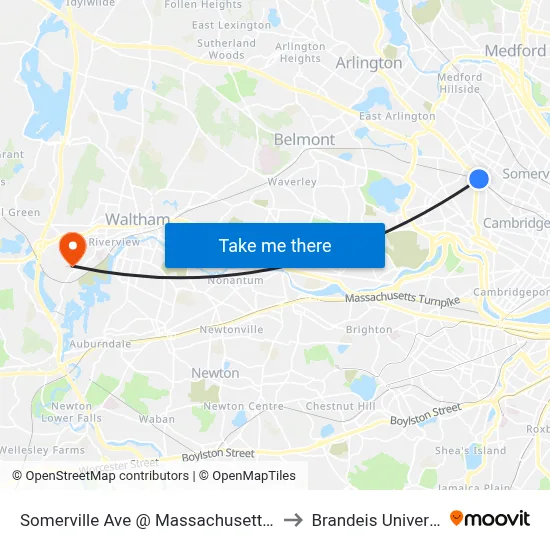 Somerville Ave @ Massachusetts Ave to Brandeis University map