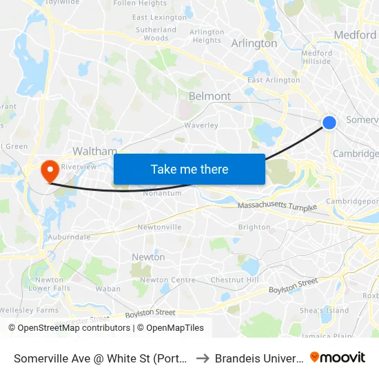 Somerville Ave @ White St (Porter Sq) to Brandeis University map