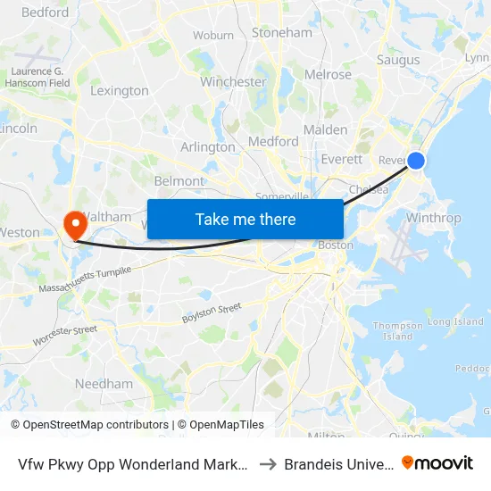 Vfw Pkwy Opp Wonderland Market Place to Brandeis University map