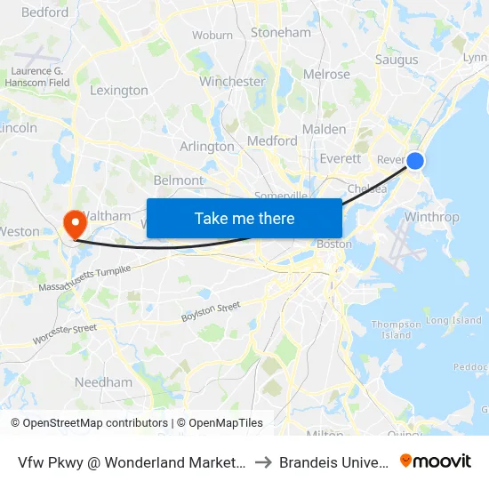 Vfw Pkwy @ Wonderland Market Place to Brandeis University map
