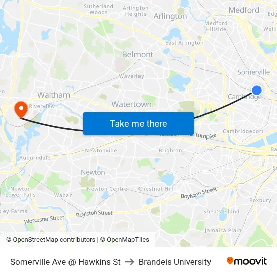 Somerville Ave @ Hawkins St to Brandeis University map