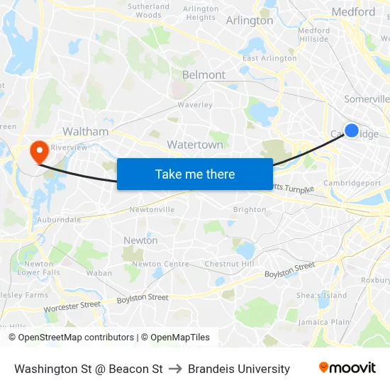 Washington St @ Beacon St to Brandeis University map