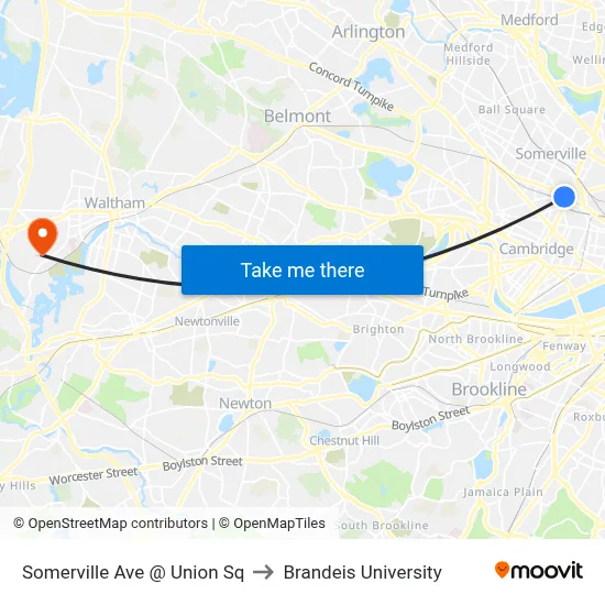 Somerville Ave @ Union Sq to Brandeis University map