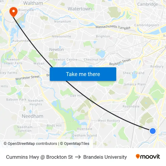 Cummins Hwy @ Brockton St to Brandeis University map