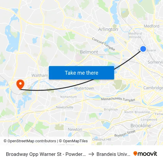 Broadway Opp Warner St - Powder House Sq to Brandeis University map