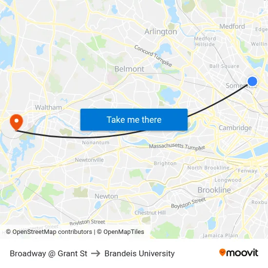 Broadway @ Grant St to Brandeis University map