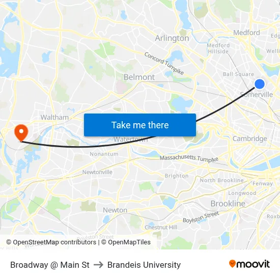 Broadway @ Main St to Brandeis University map