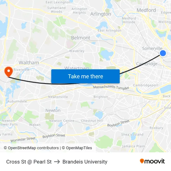 Cross St @ Pearl St to Brandeis University map