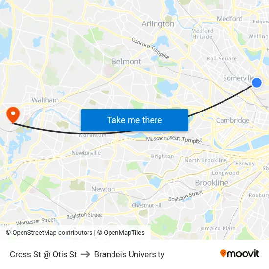 Cross St @ Otis St to Brandeis University map