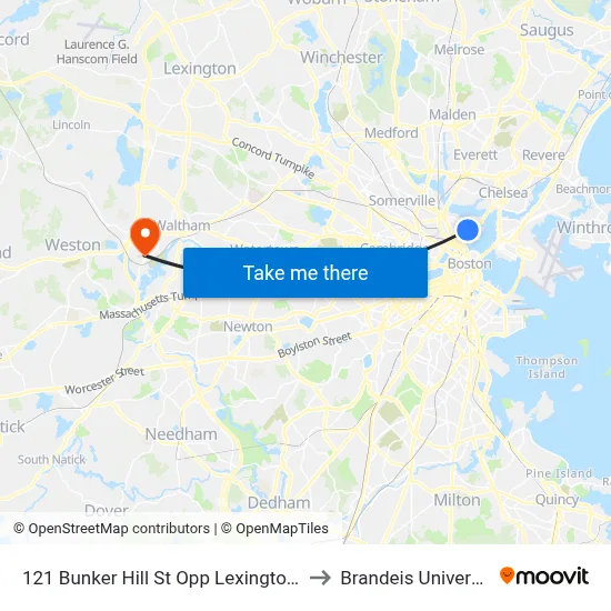 121 Bunker Hill St Opp Lexington St to Brandeis University map