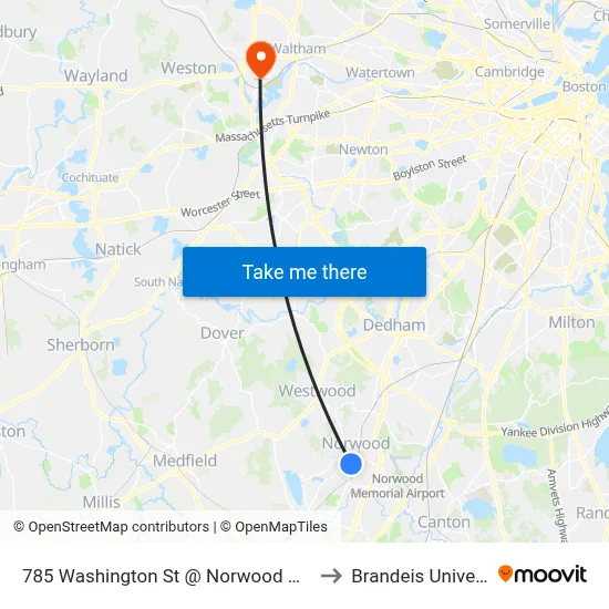 785 Washington St @ Norwood Hospital to Brandeis University map