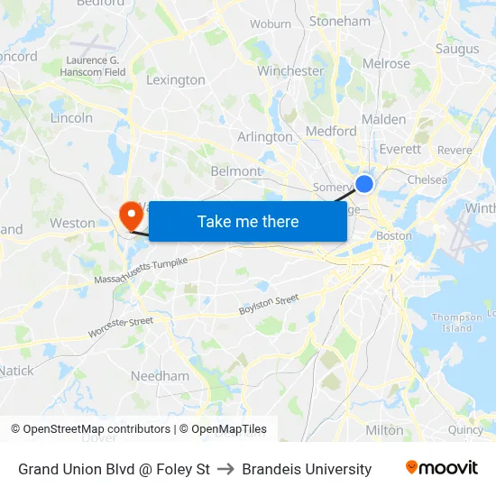 Grand Union Blvd @ Foley St to Brandeis University map